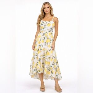 Lemon Print Tiered Midi Dress | Size L | Summer Vacation Amalfi Style